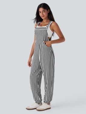 NWT Halara Waffle jogger Striped Black & White Overalls Jumpsuit
